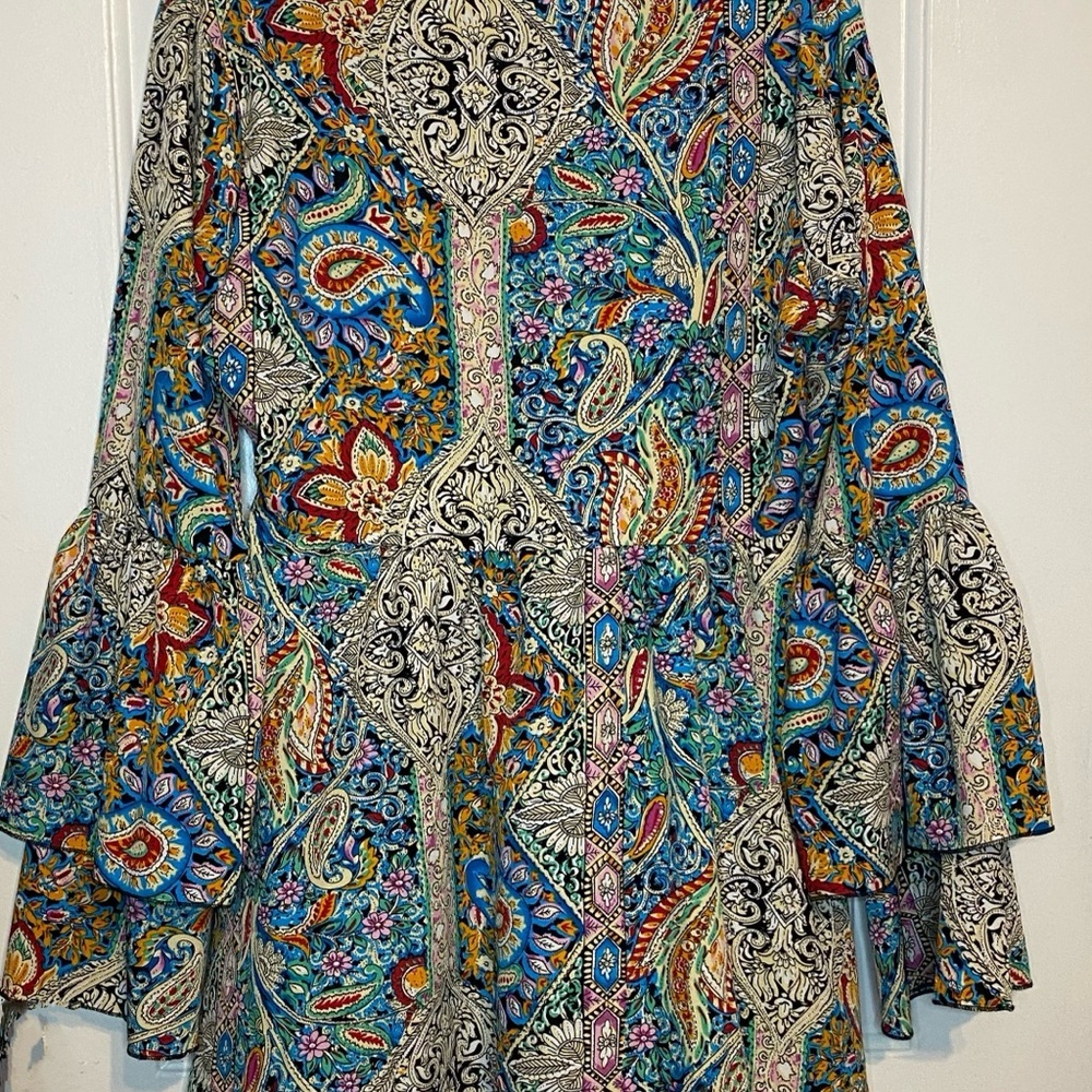 SHEIN Blue and Orange Tiered Ruffled Long Sleeve Dress - Picture 5 of 8